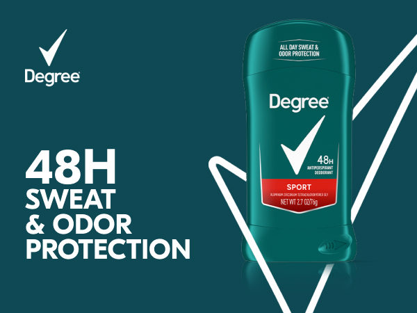 Text next to a Degree Sport 48H Antiperspirant Deodorant Stick surrounded by brand's logo.