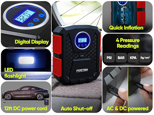 Compact tire inflator with digital display, fast inflation, and dual AC/DC power options.