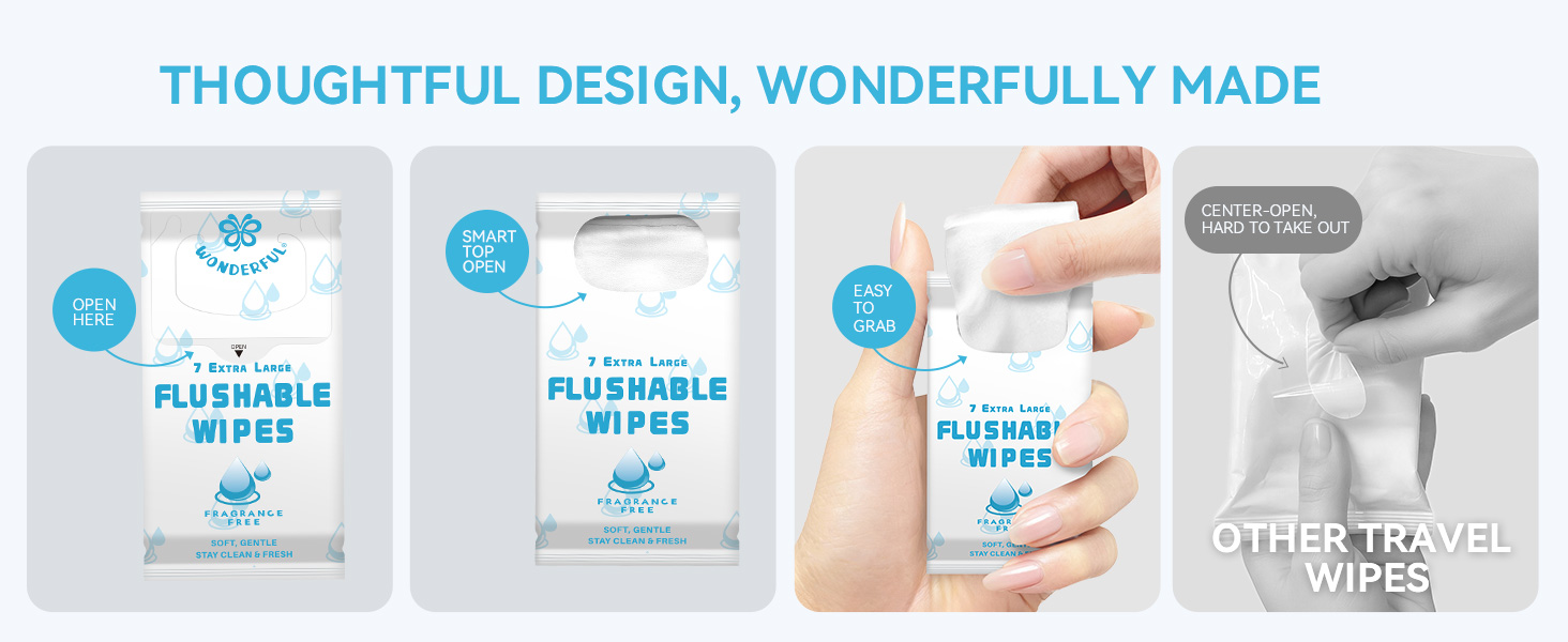 Wonderful Flushable Wipes, Mini Travel Pack, Fragrance Free