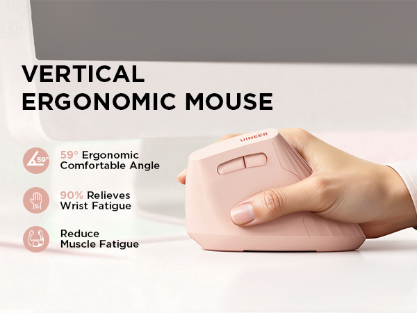 Text reads 'VERTICAL ERGONOMIC MOUSE' with labels 'Wrist Fatigue', 'Muscle Fatigue'. Product demonstration showing vertical mouse design reducing hand strain.