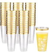 LIYH 100 Gold Plastic Cups - 16 oz Clear and Gold Rim Plastic Wine Cups,Big Size Fancy Disposable...