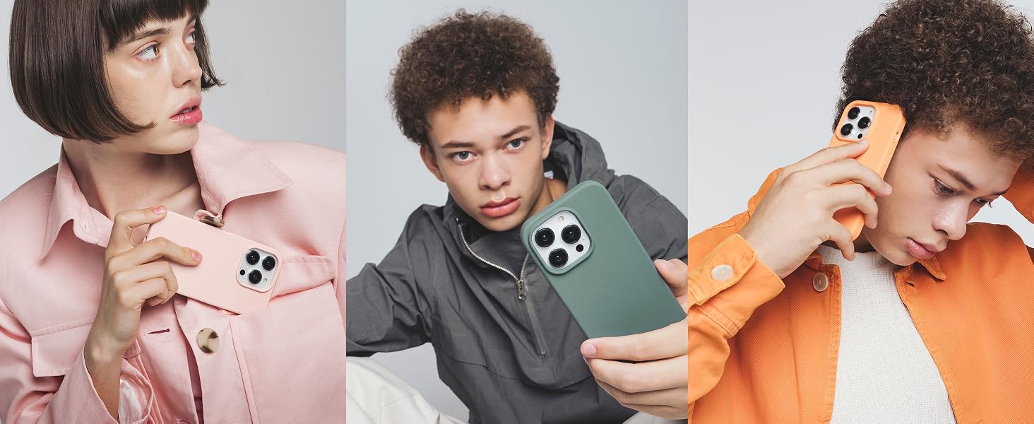 Triptych of people using smartphones with multiple cameras. Pink, green, and orange backgrounds. Phones held in various positions.
