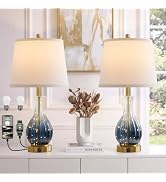 Oneach 22" Blue Glass Table Lamps with Fairy Lights for Bedroom Nightstands | USB A+C, 2 Bulbs In...