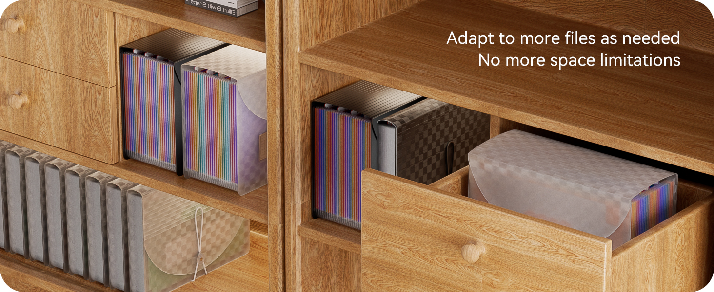Wooden storage shelves with adjustable dividers. Various storage boxes and files organized in compartments. Text overlay mentions adaptability and no space limitations.