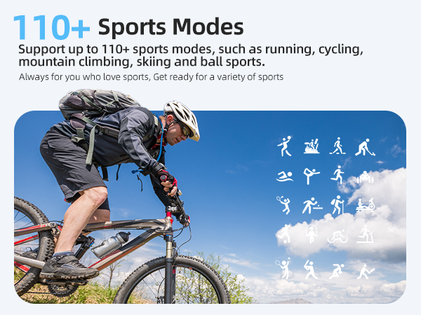 Smartwatch feature highlighting 110+ sports modes. Image shows cyclist on mountain bike, with icons representing various sports activities.