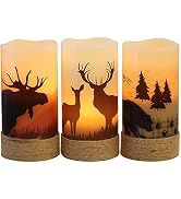 Eldnacele Flameless Flickering Candles Deer, Moose, Bear Decal with Hemp Rope and 6H Timer, Batte...