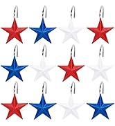 Whaline 12Pcs Patriotic Shower Curtain Hooks Red Blue White Star Shower Rod Rings 4th of July Ind...