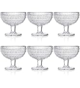 ZOOFOX 6 Pack Glass Ice Cream Bowl Set, 12 oz Footed Fruit Parfait Cups, Embossed Design Glass De...