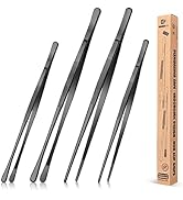 4 Pcs Fine Long Tweezer Tongs Professional Black, 12'' and 10'' Stainless Steel for Kitchen, Food...