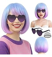PLULON Blue Purple Ombre Bob Wig with Bangs, Colorful Short Funny Bob Wigs with Heart Sunglasses ...