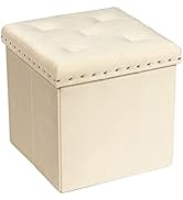 PINPLUS Beige Folding Storage Ottoman Cube, 16inch Velvet Tuffed Storage Ottoman, Foldable Foot R...