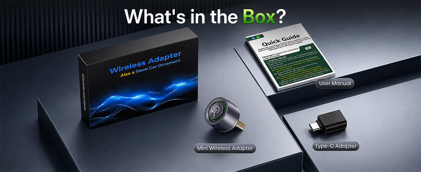 Wireless Android Auto adapter kit includes accessories for quick in-car USB setup.