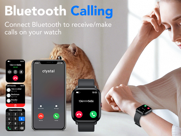 Text reads 'Bluetooth Calling' and 'Connect Bluetooth to receive/make calls on your watch'. Multiple panels showing smartwatch interface with calling features and Bluetooth connectivity demonstration.