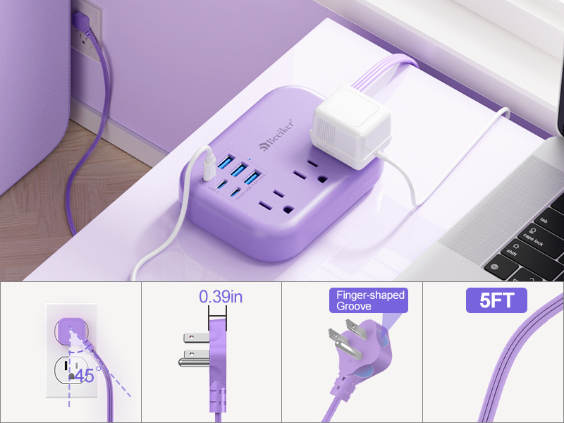 6 USB(3 USB C) Purple Travel Power Strip- 5Ft Purple Extension Cord 3 Outlets