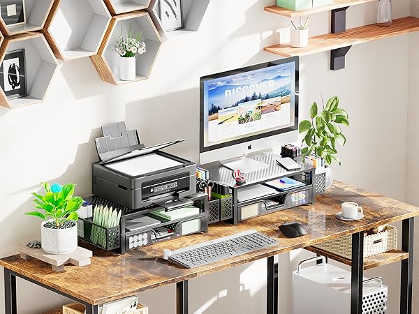 Simple Trending 2 Tier Computer Metal Monitor Stand Riser with Drawer and Pen Holder for Laptop
