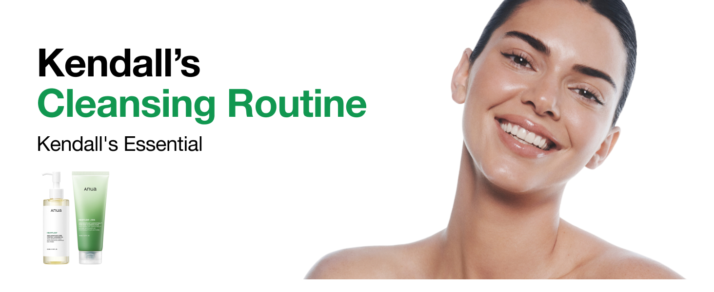 Text reads 'Kendall's', 'Cleansing Routine', 'Kendall's Essentials'. Portrait of person with skincare product bottle displayed alongside text promoting a multi-step cleansing routine.