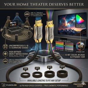 Home theater setup with Fusion8K HDMI cable connecting TV to soundbar and surround speakers
