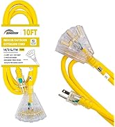 HONDERSON 10FT Lighted Outdoor Extension Cord with 3 Power Outlets,14/3 SJTW Heavy Duty Yellow Ex...