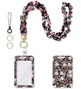 WEESMILE Scrunchie Lanyard with ID Holder for Keys (Rose Floral) | Satin Black Rose Print, Stretc...