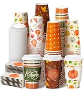 Nihuecne 100 Pack 16 oz Fall Themed Disposable Coffee Cups with Snap-on Lids and Sleeves - for Ho...
