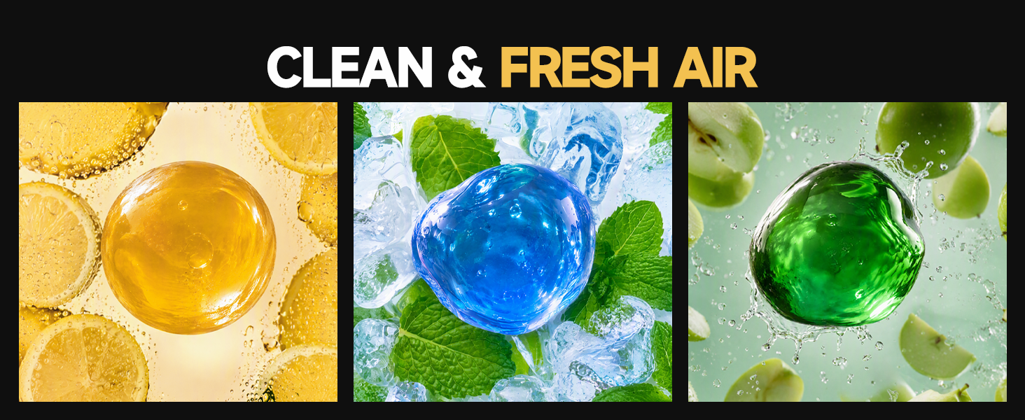 Three scented of car cleaning gel—Mint, Lemon, Apple-sit on a leather car accessories interior seat