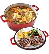 Fijinhom 2-in-1 Cast Iron Dutch Oven Pot, Enameled Pots with Lid for Bread Baking, Cooking, Stewi...