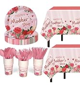 Childom Mothers Day Decorations for Party,132 Pcs Disposable Mothers Day Plates Tablecloth Cups K...