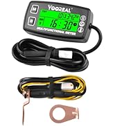 Digital multimeter with green backlit display showing time and temperature. Includes black power cord and yellow sensor wire with metal tip.