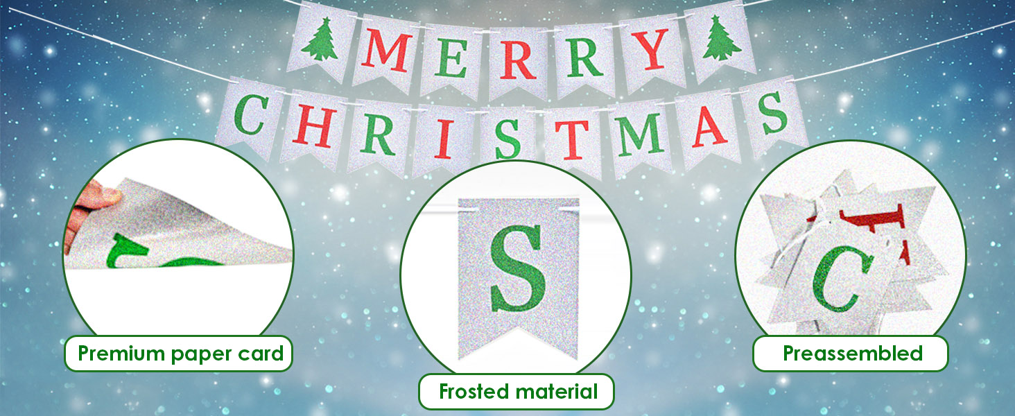 Christmas banner with 'MERRY CHRISTMAS' text. Inset circles highlight premium paper card, frosted material, and preassembled features.