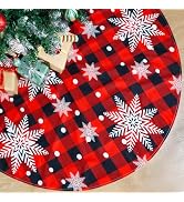 Christmas Tree Skirt Red and Black Buffalo Plaid Tree Skirt Snowflake Design, 48 inches Thick Lay...
