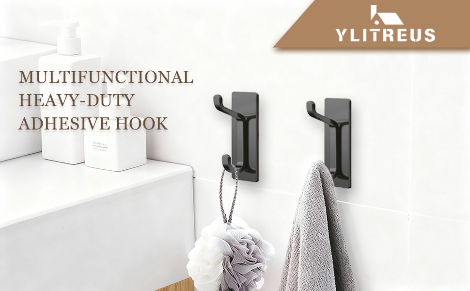 Text reads: 'MULTIFUNCTIONAL', 'HEAVY-DUTY ADHESIVE HOOK'. Wall-mounted hook system shown in multiple installation views with demonstration of weight capacity.