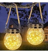 Solar Lantern Crackle Glass Ball, 2 Pack Garden Hanging Solar Lights Outdoor Waterproof Lanterns ...