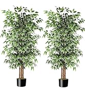GTIDEA 2 Pcs 6ft Ficus Artificial Trees, Tall Faux Trees Indoor with Natural Trunk and Fake Silk ...