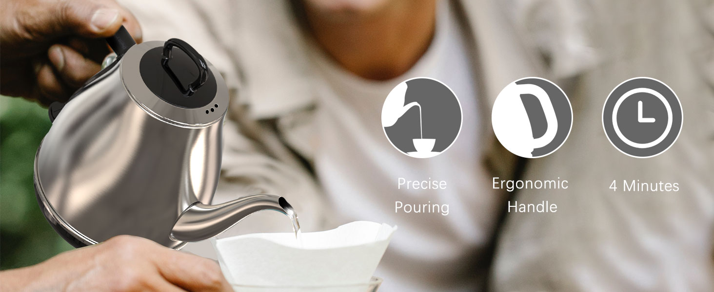 precise pouring, ergonomic handle, 4 minutes to boil a pot of water