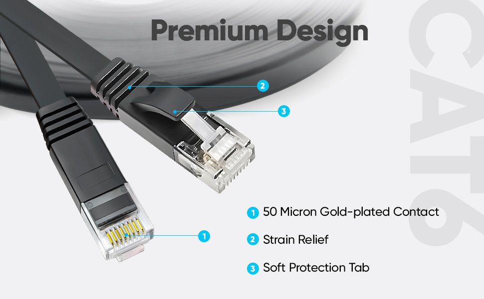Black ethernet cable with labeled technical features including 50-micron gold-plated contacts, strain relief, and soft protection tab.