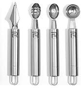 Riveira Melon Baller Scoop Set Stainless Steel 4-Piece Carving Knife Watermelon Cantaloupe Scoope...