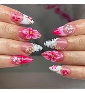 3D Pink Flower Press on Nails Almond - White French Tip Fake Nails with Pearl Gold Bead Designs, ...