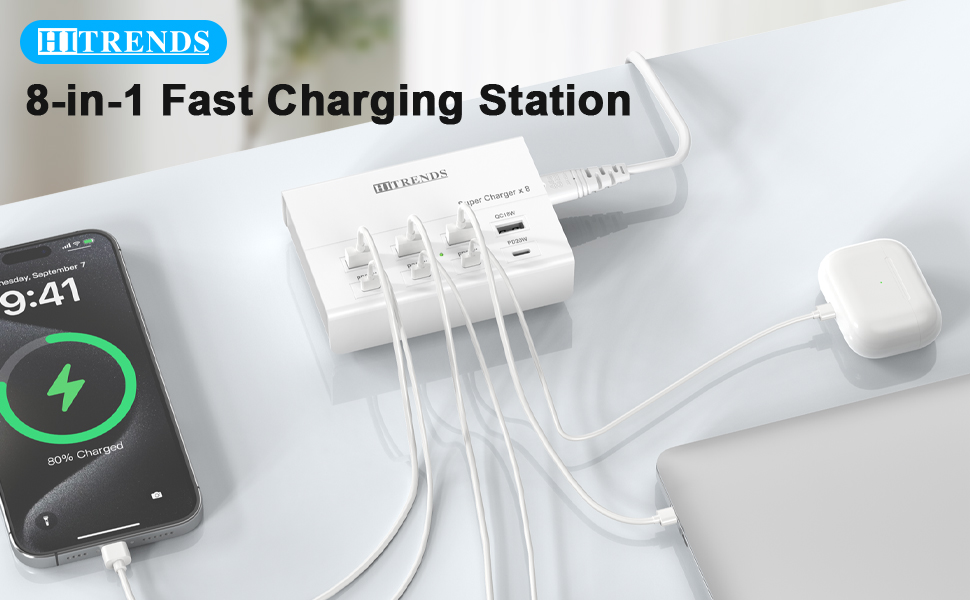 USB Charger with USB C PD20W and USB A QC18W, HITRENDS 60W PD Fast Charging Station, 5ft