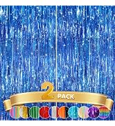 2 Pack Blue Metallic Tinsel Foil Fringe Curtains, Door Streamers Photo Booth Backdrop for Birthda...