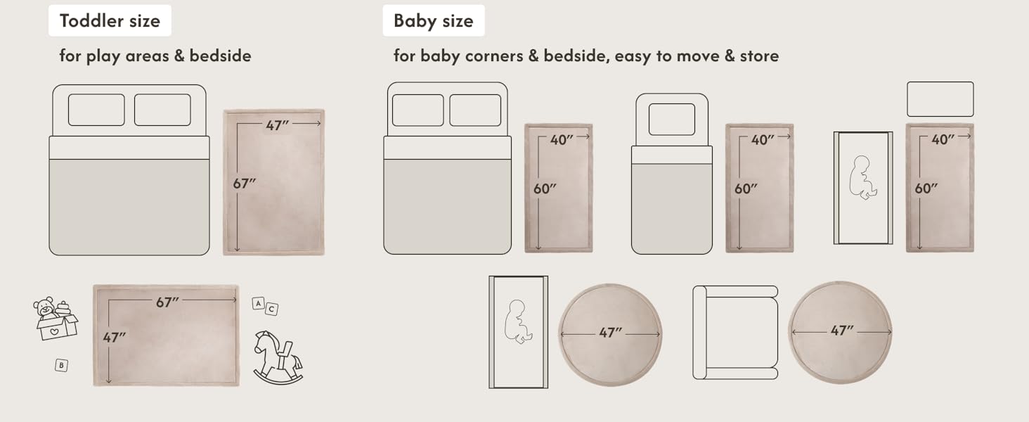 size guide: toddler size rug 67 in x 47 in, baby size rug 60 in x 40 in and round rug 47 in diameter
