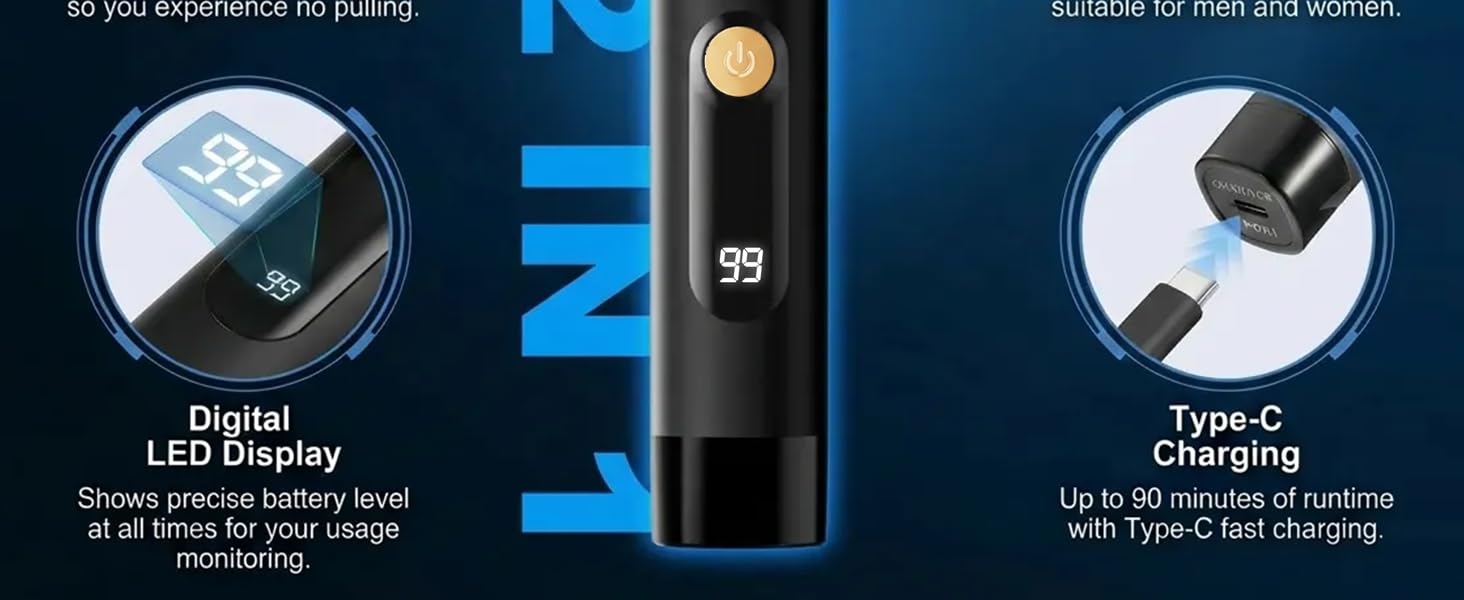 Text reads '2-IN-1 Electric Nose & Ear Hair Trimmer' with labeled features: 'Dual Stainless Spinning Blades', 'Precision Ear Hair Trimmer', 'Digital LED Display', 'Type-C Charging'. Black and gold nose trimmer device shown with product feature callouts.