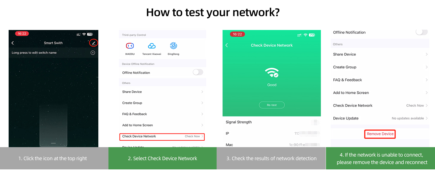 Network testing app interface showing WiFi, Speed Test, and Ping options. Three screenshots display different screens for network diagnostics and speed measurement.