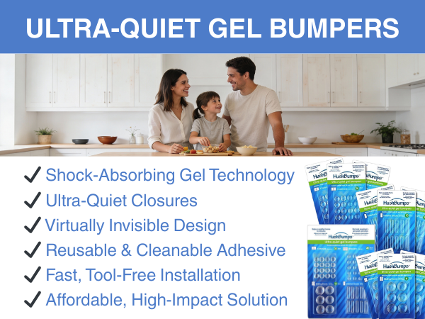 Ultra-quiet HushBumps gel bumpers packaging displayed on a kitchen counter with a smiling family