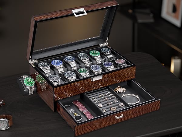 High-End Watch Box, 12-Slot Watch Case with Large Glass Lid, 2-Layer Wooden Watch Box for Men
