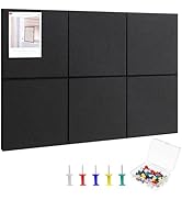 Large Cork Board 36" x 24", 6 Pack Felt Wall Tiles with Colored 30 Pcs Pushpins, Black Bulletin B...