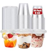 Clawsoff 50 Pack 9 oz Disposable Clear Plastic Parfait Cups with Flat Lids, Yogurt Parfait, Putti...