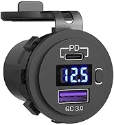 USB C Car Charger Socket, Qidoe 12V/24V Dual USB Outlet PD3.0 & QC3.0 Car USB Port with LED Voltm...