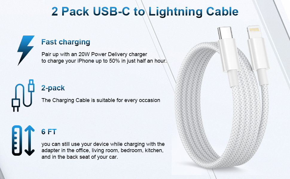 Text reads '2 Pack USB-C to Lightning Cable' and 'Fast charging'. Product images show white charging cables with technical specifications and charging indicators.