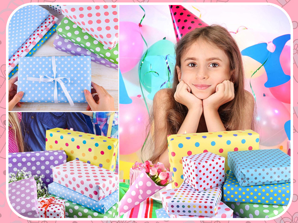 Collection of colorful polka dot gift boxes and wrapping materials in pastel blue, pink, and purple patterns.