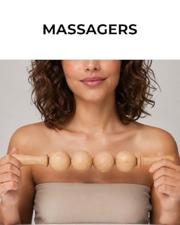 Text reads 'MASSAGERS'. Woman's shoulders and upper back featured, demonstrating manual massage tool application on shoulder muscle.